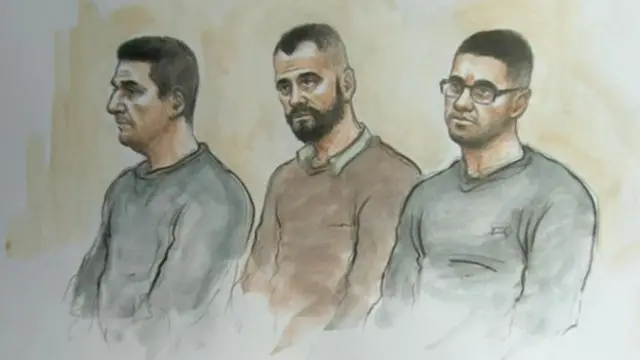 Court sketch of Aram Kurd, Hawkar Hassan and Arkan Ali