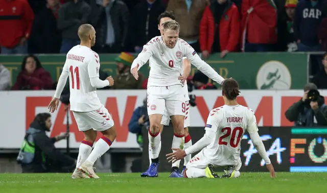 Denmark celebrate goal