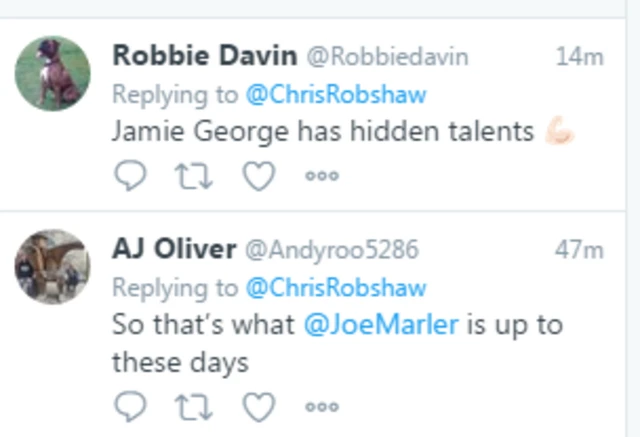 Replies to a tweet by Chris Robshaw with a picture of him and a sumo wrestler. 'Jamie George has hidden talents' and 'So that's what Joe Marler is up to these days'