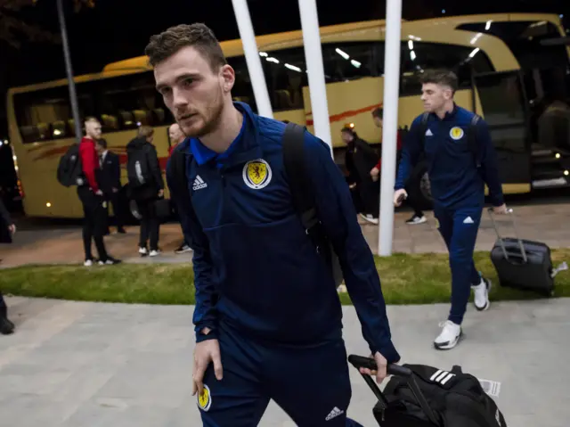 Scotland captain Andy Robertson arrives in Tirana