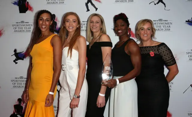 England netball squad Geva Mentor, Helen Housby, Joanne Harten, Ama Agbeze and coach Tracey Neville