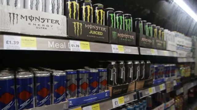 Energy drinks on a shelf