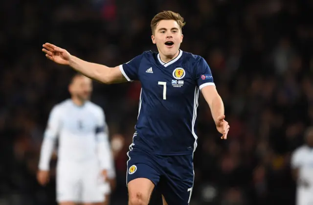 James Forrest celebrates the first of his two goals at Hampden
