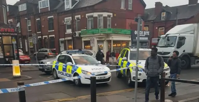 The police cordon at Harehils Lane, Harehills near Leeds.