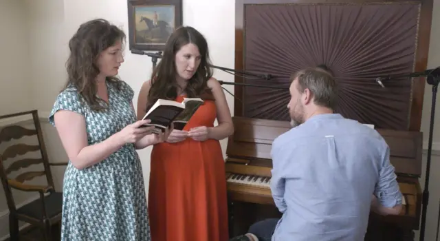 Rachel and Becky Unthank (Crrt) with Adrian McNally at the Brontë Parsonage