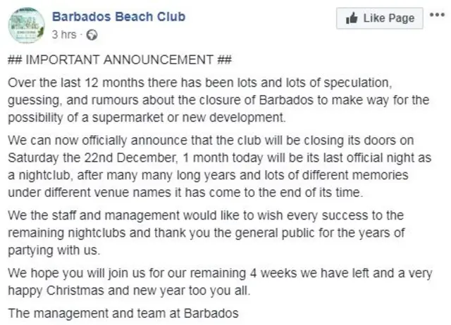 club closure announcement