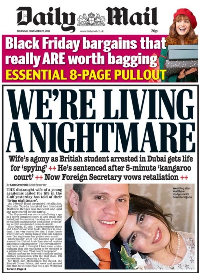 The Daily Mail's front page featuring a photograph of Matthew Hedges and his wife, Daniela