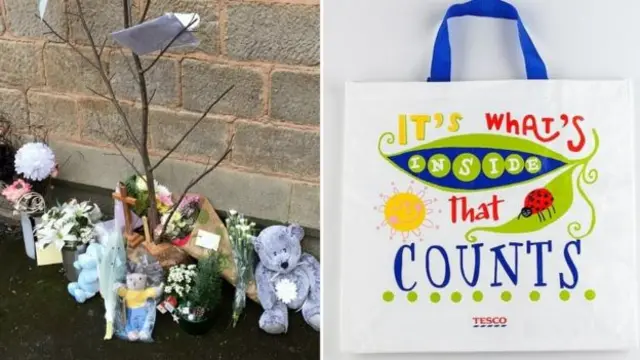 Flowers outside the church and the bag thought to have had the child in