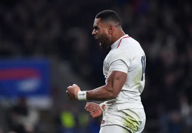 Joe Cokanasiga celebrates his try