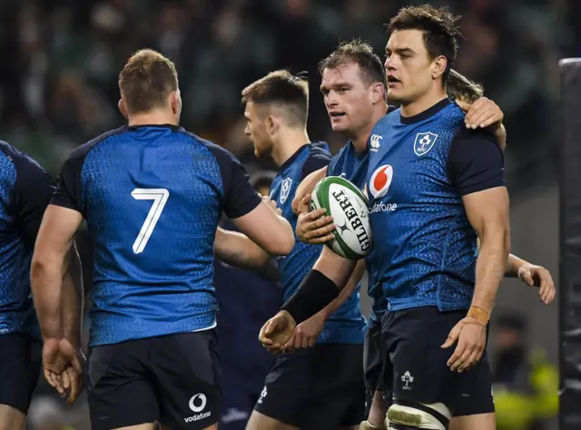 Ireland celebrate scoring a try