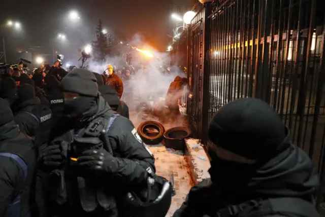 Ukrainian police guard outside the Russian embassy in Kiev