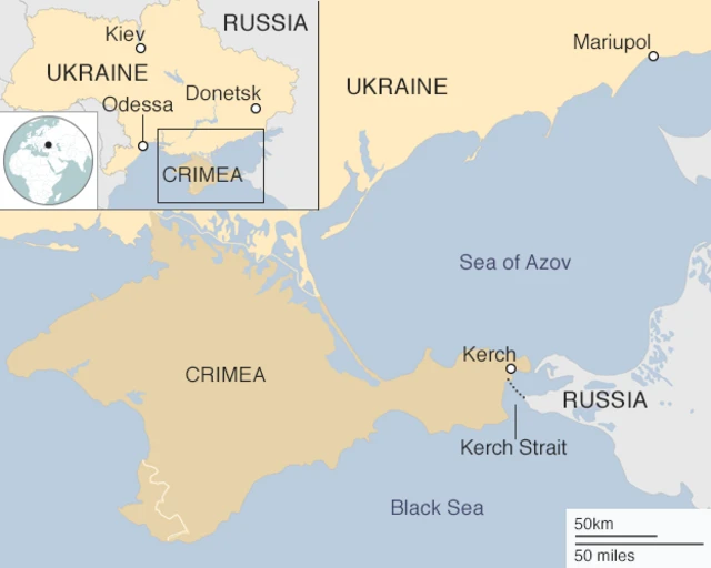 Map of Ukraine and Russia, showing the Sea of Azov, Crimea and Mariupol