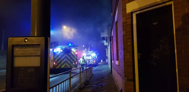 Fire engines outside the building
