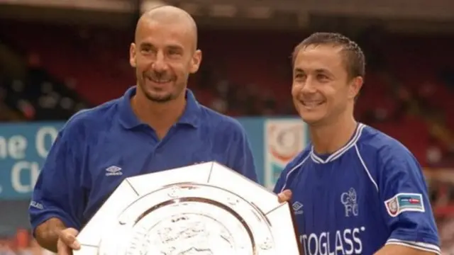 Former Chelsea boss Vialli is pictured (left) with Dennis Wise winning the 2000 Charity Shield after winning the FA Cup the previous season