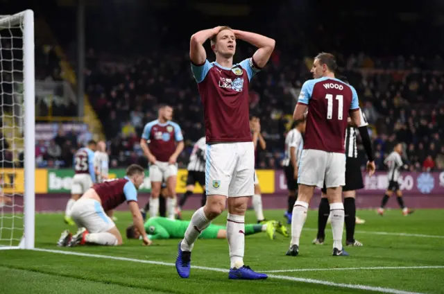 Ben Mee of Burnley reacts after a missed chance