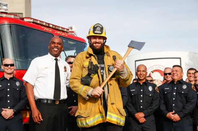 Tyson Fury meets firefighters at the Los Angeles County Fire Department Headquarters