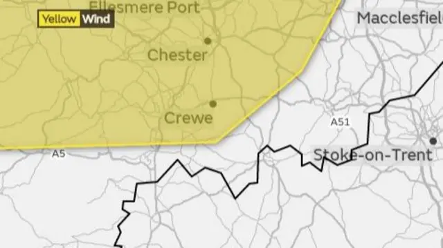 The area covered by the yellow warning of high winds