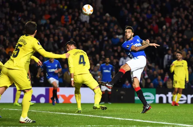 Rangers defender Connor Goldson hammers a shot over the crossbar from close range