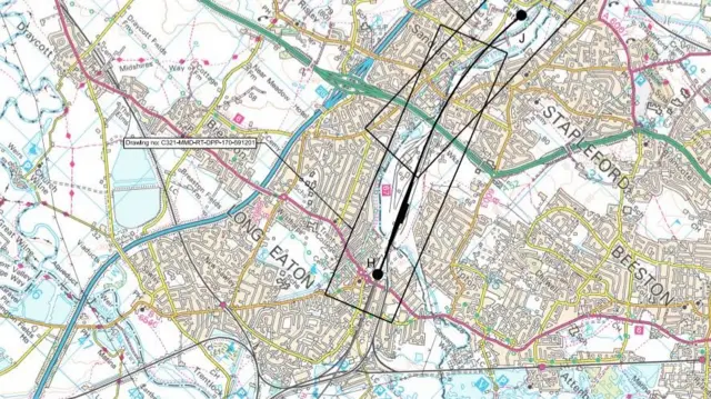 Map showing HS2 route in Long Eaton