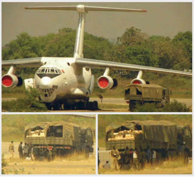 The Ilyushin-76 aircraft registered as EW78836 offloading ammunition crates at Juba International Airport, 19 December 2014