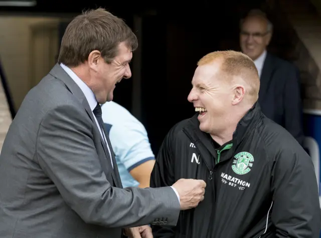 Tommy Wright and Neil Lennon share a joke