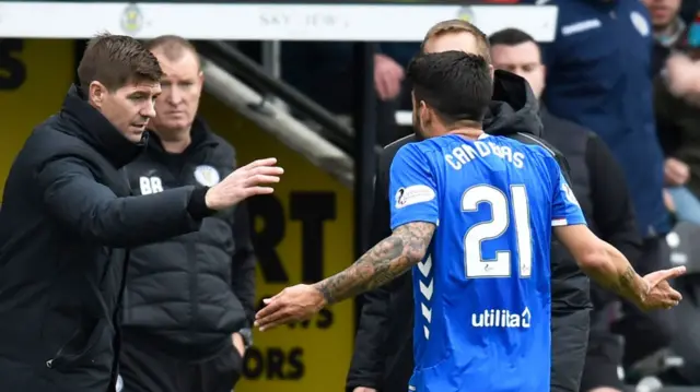 Rangers manager Steven Gerrard consoles Daniel Candeias