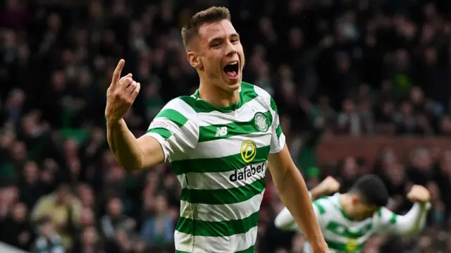 Celtic's Filip Benkovic celebrates scoring against Hearts