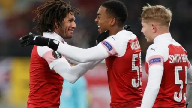 Arsenal forward Joe Willock celebrates scoring his first senior goal for the club