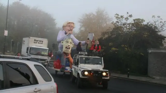 Effigy of Theresa May, Jacob Rees-Mogg and Boris Johnson