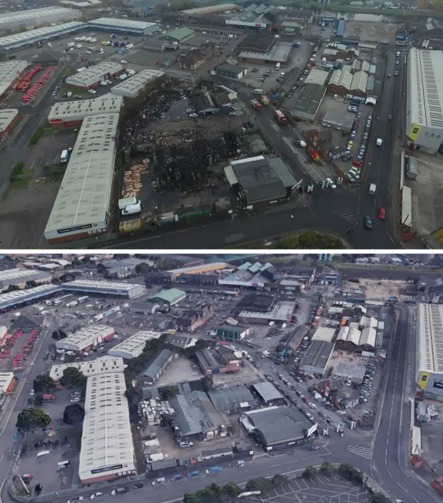 Cattle market before and after fire