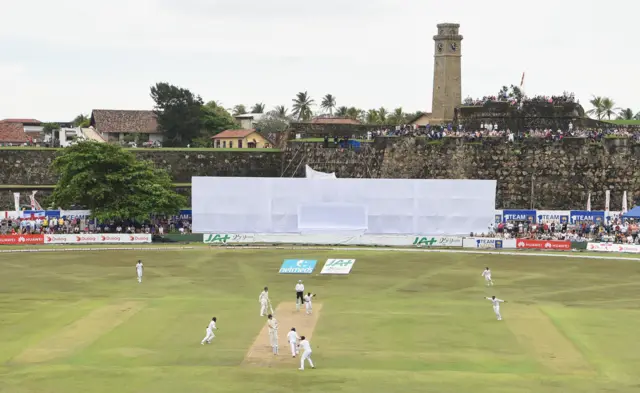 Wide angle image showing the Galle fort as Ben Stokes is bowled