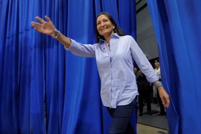 U.S. Democratic Congressional candidate Deb Haaland takes the stage at a Democratic Unity rally in Albuquerque, New Mexico