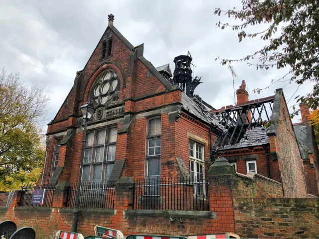 Burned out school building