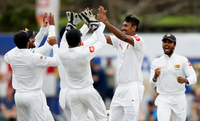 Suranga Lakmal celebrates the wicket of Moeen Ali