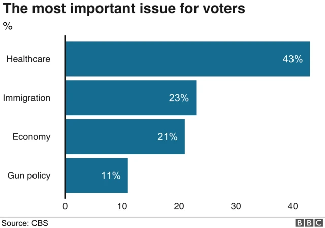 Graph showing how important healthcare, immigration, economy and gun policy are to voters