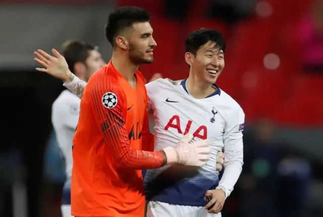 Tottenham's Paulo Gazzaniga celebrates with Son Heung-min