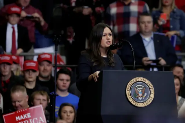 Press Secretary Sarah Huckabee Sanders speaks during a campaign rally at the Allen County War Memorial Coliseum in Fort Wayne, Indiana,