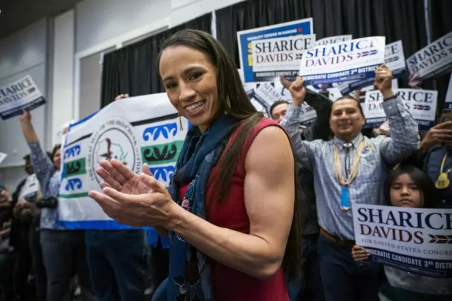 Democratic House candidate from Kansas Sharice Davids celebrates