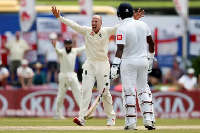 England's Jack Leach appeals for an unsuccessful wicket for Sri Lanka's captain Dinesh Chandimal