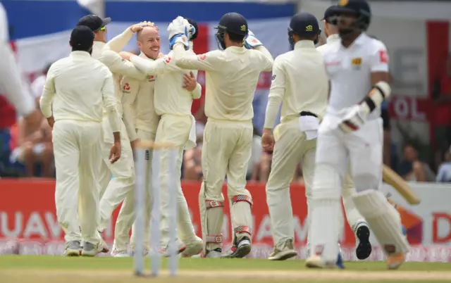 England's Jack Leach celebrates after taking the wicket of Sri Lanka's Kusal Mendis