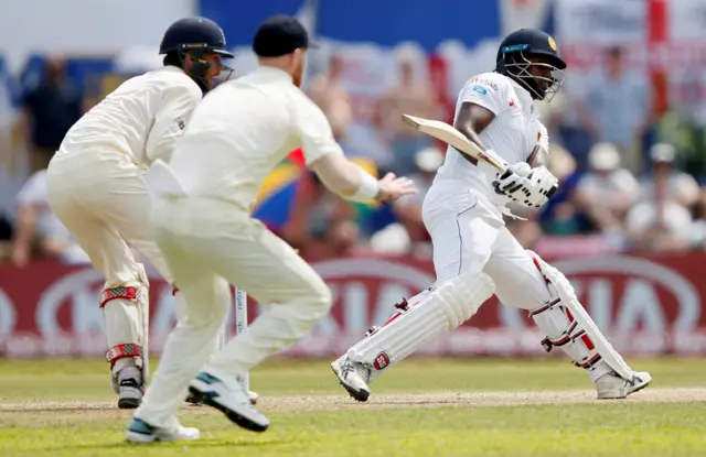 Sri Lanka's Angelo Mathews hits a boundary