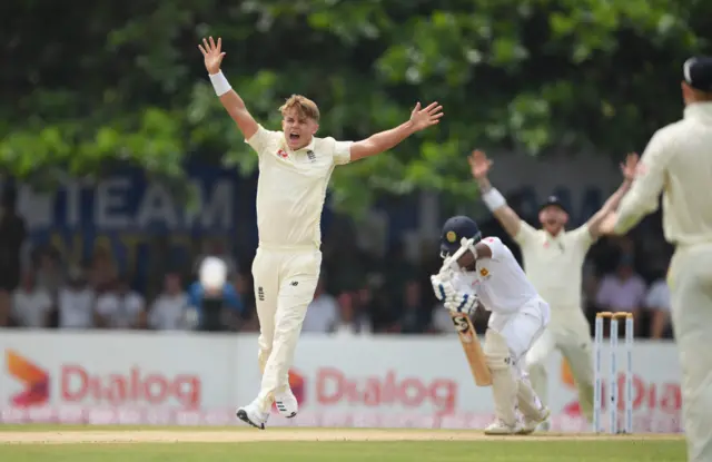 Sam Curran appeals successfully for lbw against Kaushal Silva