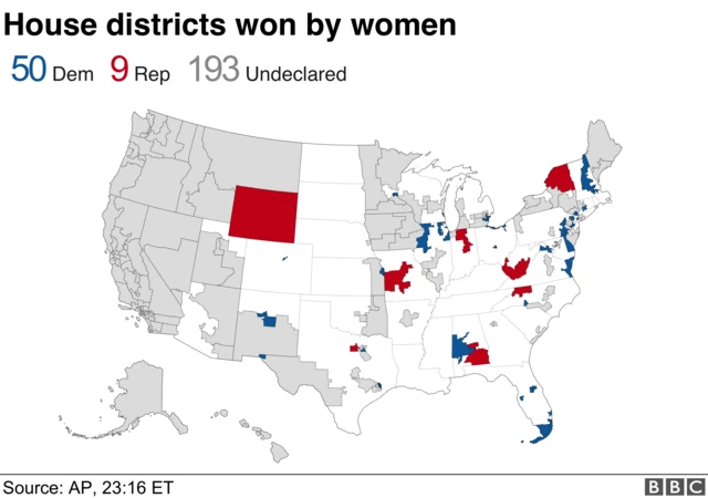 Map showing where the 59 female Representative have won