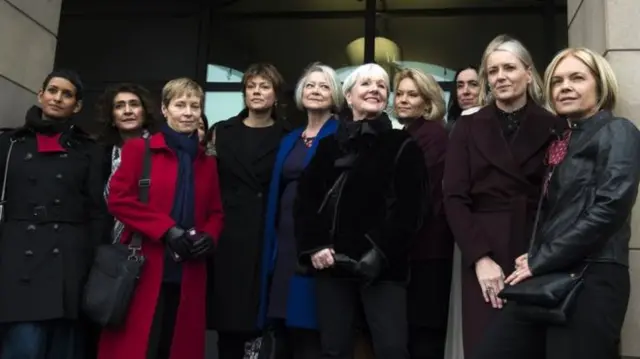 BBC presenters including Mariella Frostrup (R), Kate Adie (C), Kate Silverton (C-L) and Naga Munchetty (L) in January ahead of MPs hearing evidence about BBC pay