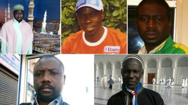 Wall victims clockwise from top left: Mahamadou Jagana Jagana, Almamo Kinteh Jammeh, Saibo Sumbundu Sillah, Bangally Tunkara Dukuray and Ousman Kaba Diaby