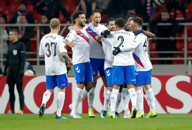 Rangers Ovie Ejaria celebrates with his teammates