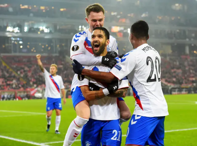 Daniel Candeias celebrates making it 2-1 to Rangers