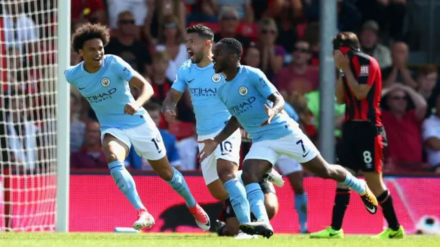 Raheem Sterling celebrates his 97th-minute winner against Bournemouth in August 2017