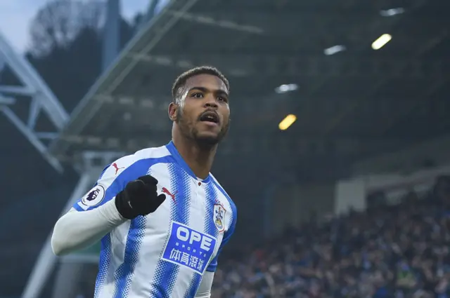 Steve Mounie celebrates scoring for Huddersfield against Brighton during the 2017/18 season