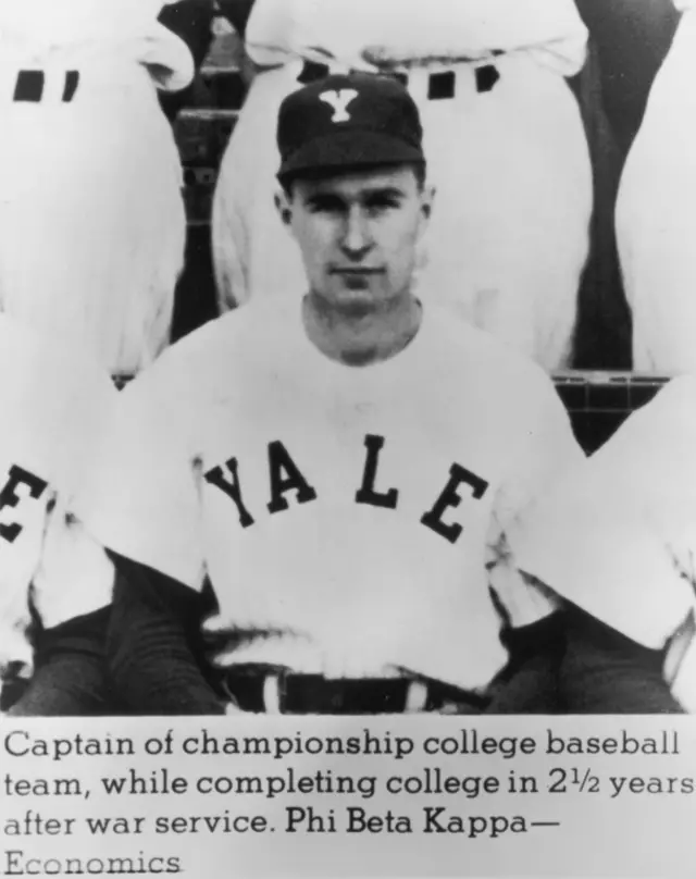 George HW Bush poses as captain of his Yale University college baseball team in 1946